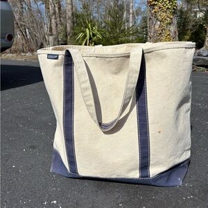 Vintage Lands End Large Canvas Tote Bag Made in USA Beige & Faded Blue